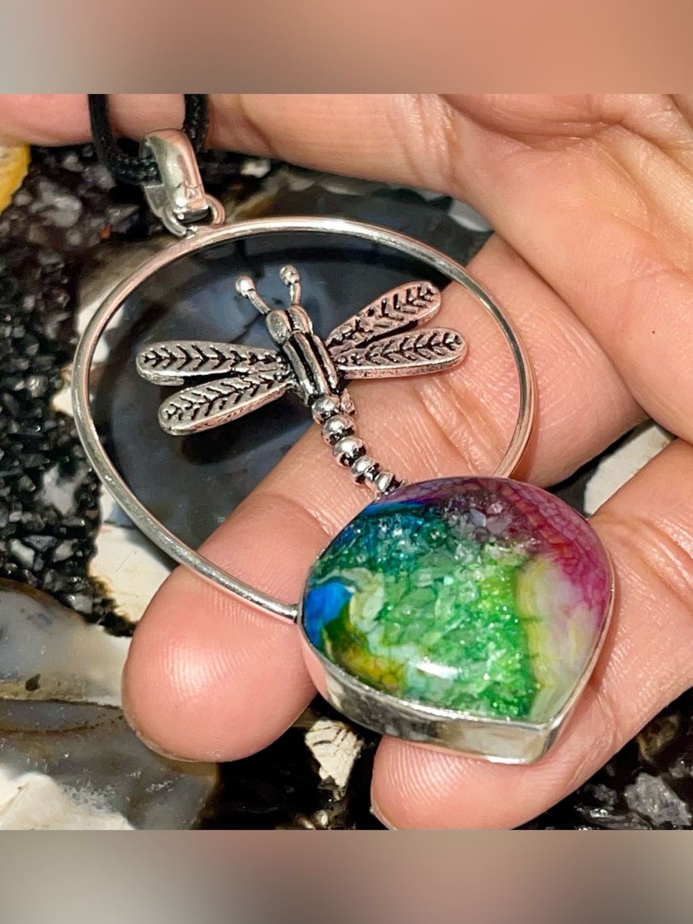 Jumbo Colorful Dragonfly Solar Quartz Pendant 3”